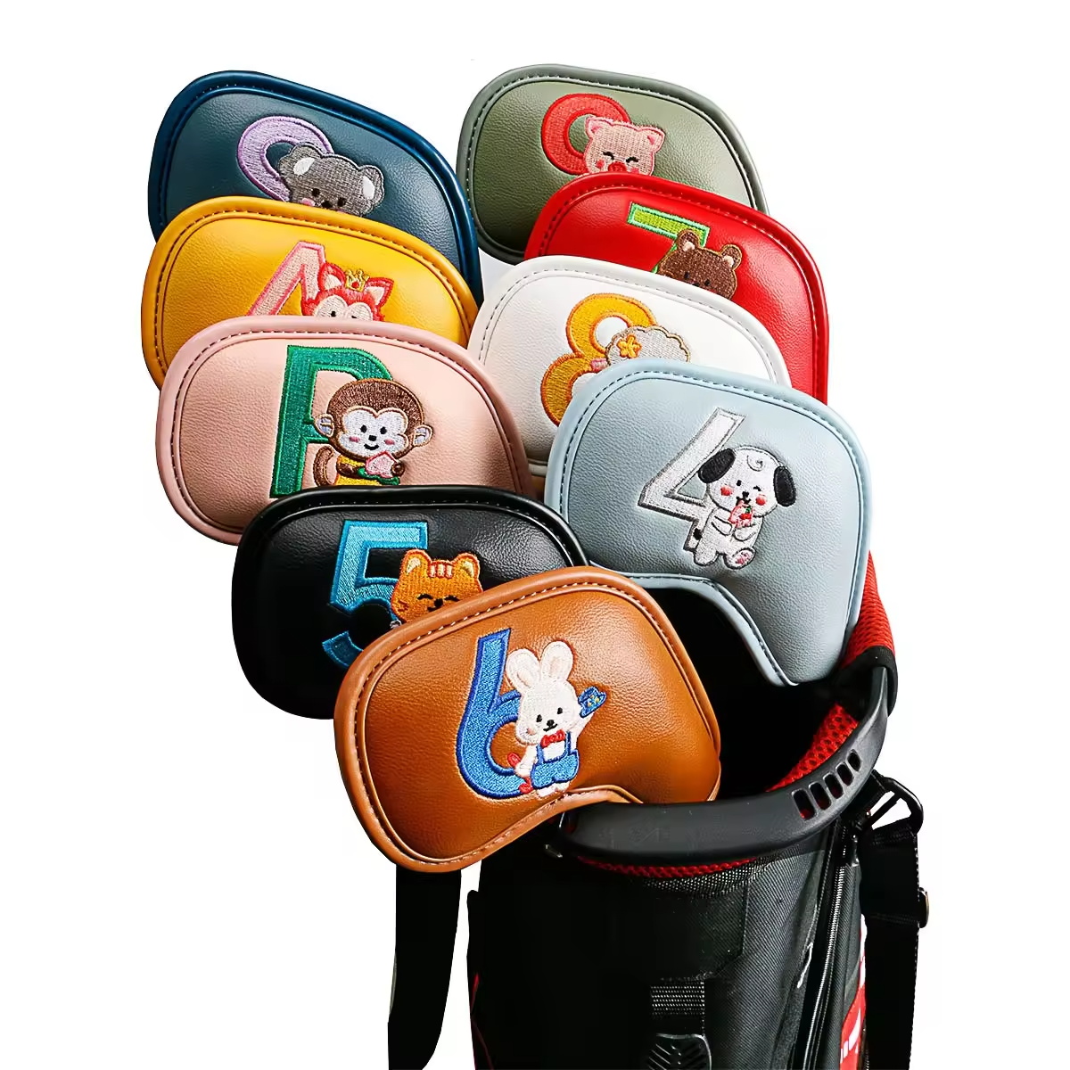 Golf Equipment Deals - 9-teiliges Set Niedliche Cartoon-Tier Golf-Eisenkopfhüllen, PU-Leder